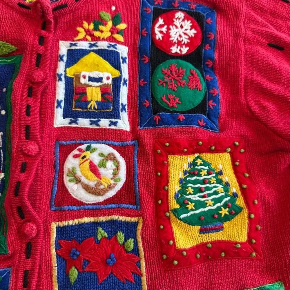Segue Ho Ho Ho Christmas Sweater Cardigan Size L Red Womens  Button Santa Sleigh